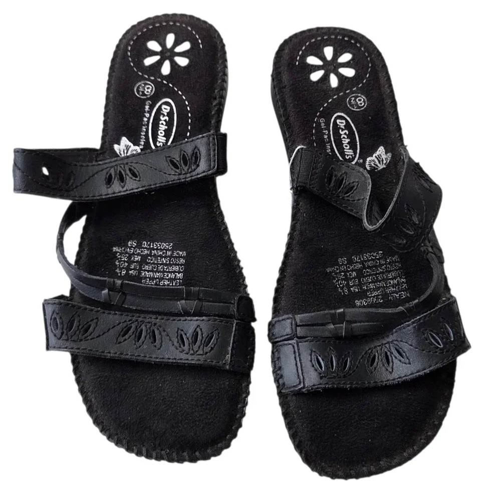 Vtg Dr Scholl's Womens Black Gel‎ Pack Insoles Leather Slid On Sandals SZ 8.5